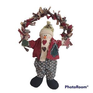 Vintage Handmade Fabric Stuffed Hanging Snowman Winter Wall Hanging Decoration